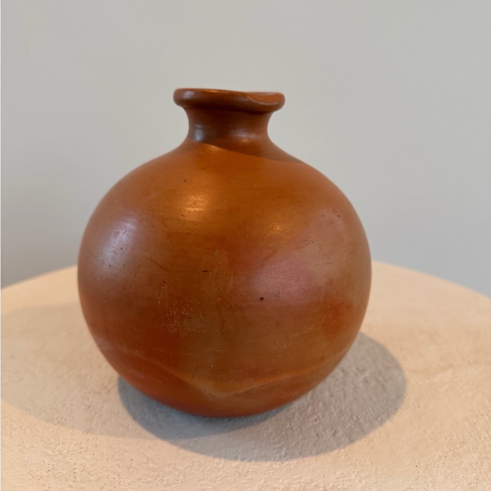VINTAGE 1980’s TERRACOTTA ROUND ART BALL POTTERY VASE BLACK GLAZED CIRCLE BOHO - Picture 6 of 8
